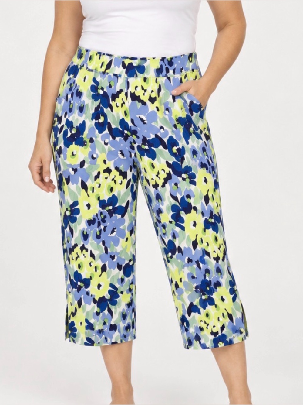 Quacker Factory Hello Spring Floral Cropped Pants Purple Lime Size L. -A685033